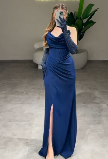 Niulatu Strapless Sheath Long Prom Dresses Satin Navy Blue New Year Evening Dresses HZ1026